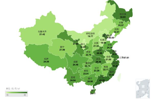 单位：元/月/m²  图示颜色越深表示租金越高