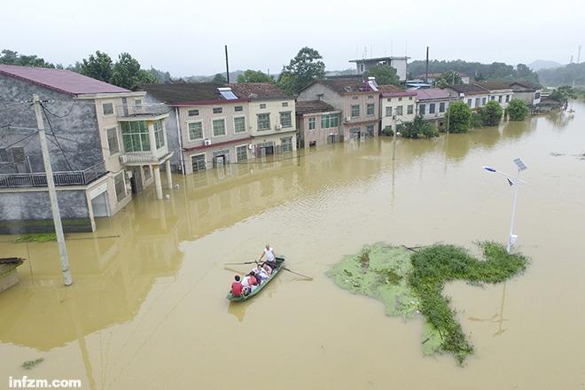 2016年7月5日，岳阳市云溪区望城镇，70岁的李海波撑着船，送村民去没有受灾的亲戚朋友家过夜，身后的民居被围困在洪水中。（辜鹏博/图）