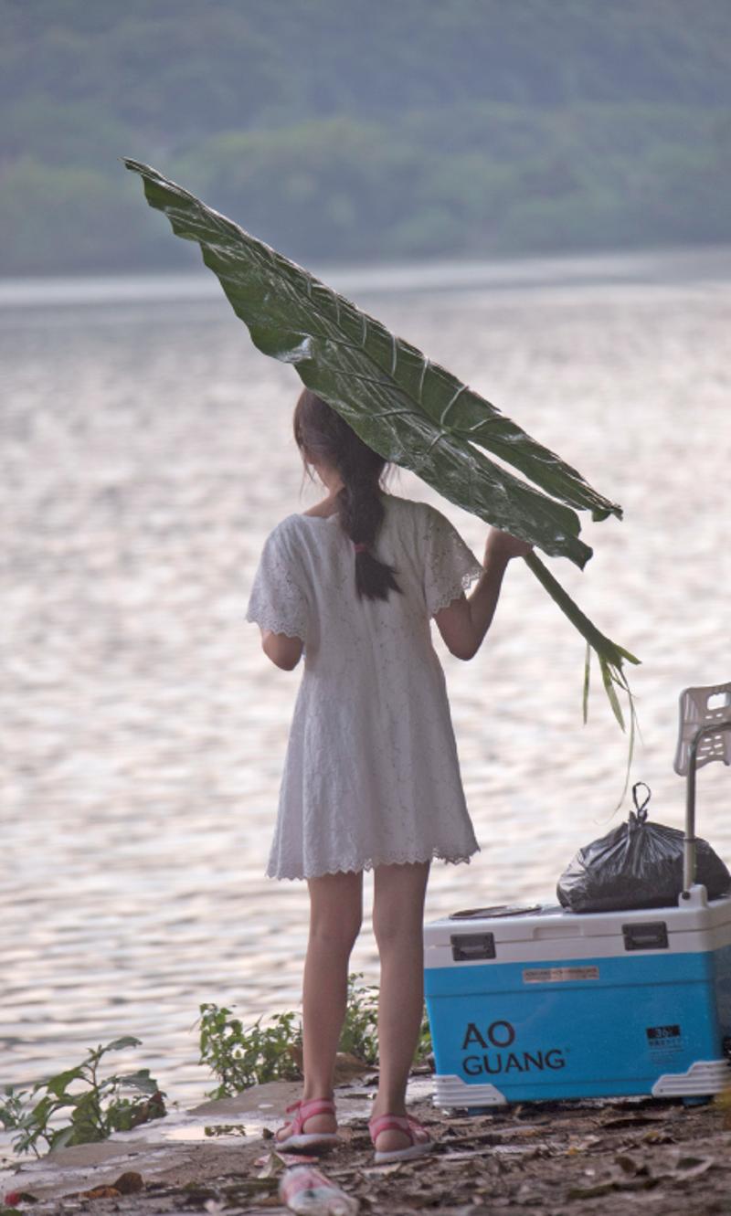 △一名小女孩拿着芭蕉叶在雨中看钓鱼。