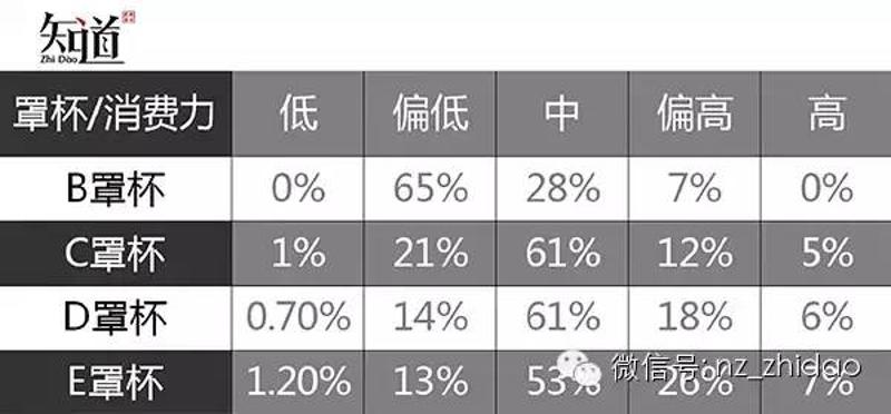 注：列表示罩杯组别，行表示在线购买力。把购买任一尺寸罩杯的组别所包含的个体数标准化为1，D罩杯与E罩杯组别有极小的误差，若在“低消费力”保留两个有效数字都等于1%.