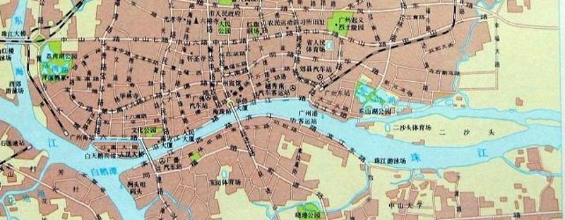 广州大桥建成之前，20世纪70年代的广州城区地图。