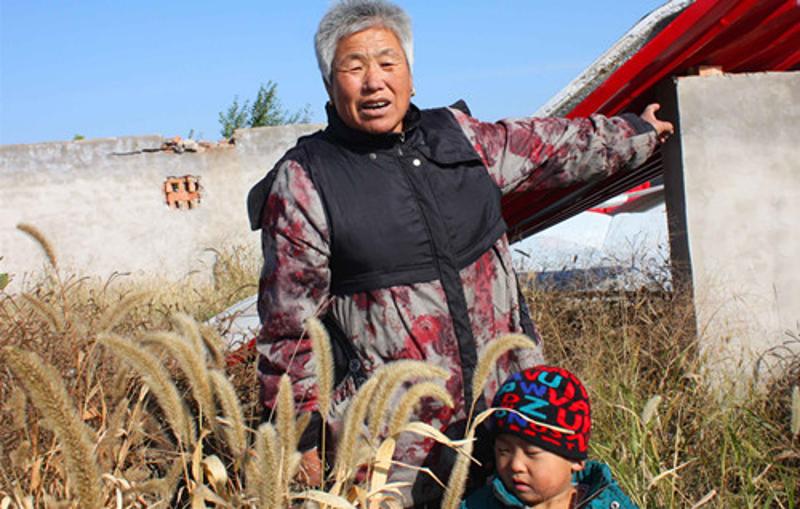 (身患重病的徐桂花告诉记者，她的儿子林志文和其他多户移民牛棚的顶棚都被风掀翻了，而且林志文家的新房顶棚也掉了下来，砸中了4岁孩子的头)