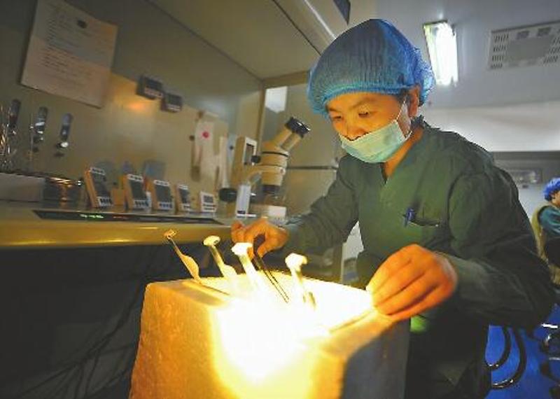 山东中医药大学二附院生殖医学中心主任闻姬为患者植入胚胎