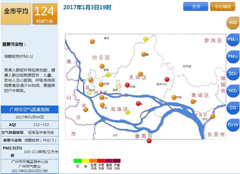 广州中心城区空气质量状况（1月3日19时）。数据来源：广州市环保局