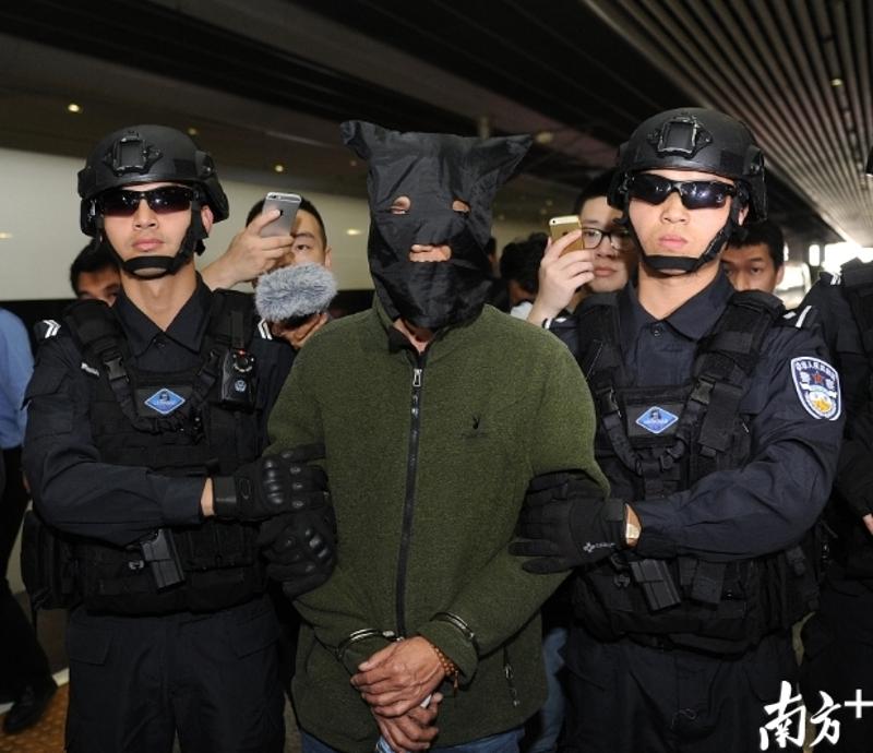 6日下午，嫌犯在警方的押送下回到广州（南方日报记者 张梓望 摄）