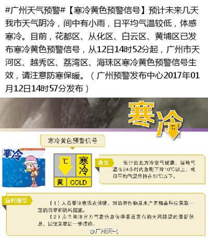 广州发布寒冷黄色预警信号未来5天天气阴冷有小雨