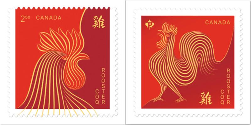 加拿大邮局为喜迎中国的鸡年，于将于 1 月 28 日（正月初一）正式发行鸡年特别款邮票。以红色为背景，流线绘制成鸡的样子，充溢着满满的年味。
