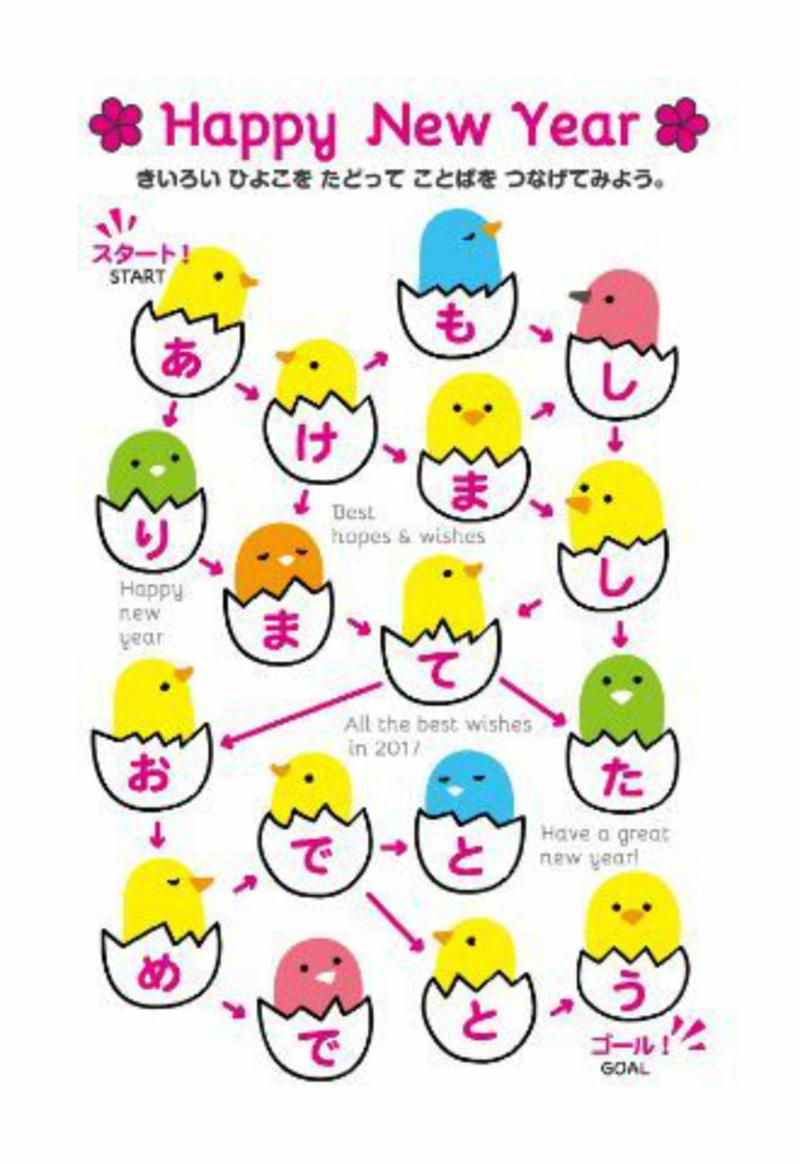 这是一款专门为孩子们设计的鸡年迷宫贺卡，每个未出壳的小鸡上有着一个日语假名，不同的路径能拼出不同的祝福语。会日语的朋友，可以试试看能拼出几种。