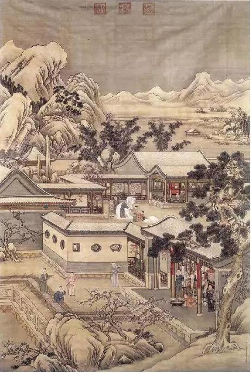 ▲清代《乾隆岁朝行乐图》，表现了宫廷里过春节的情景
