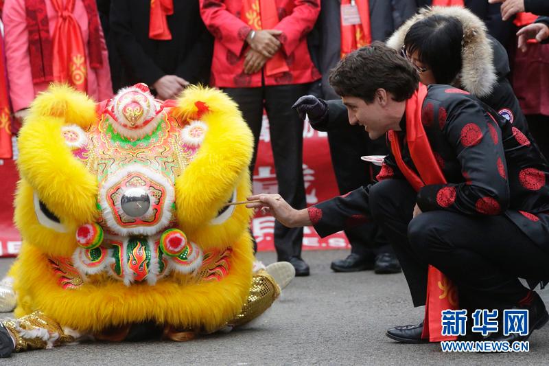 加拿大总理特鲁多参加温哥华春节大游行，为舞狮点睛。新华网发（Harrison Ha摄）