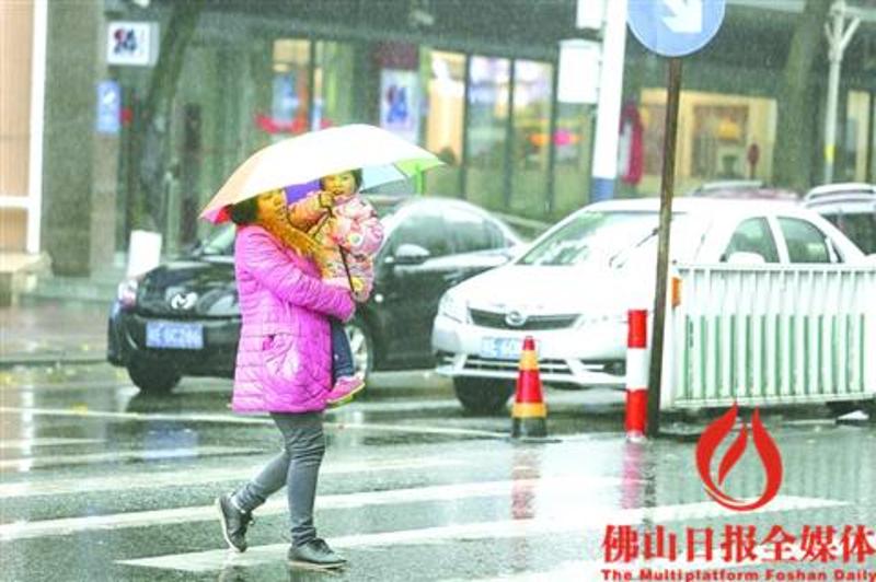 昨日冷空气来袭，午后有降雨。三水区文锋中路上，一小女孩为大人撑伞。/ 佛山日报记者陈浩森摄