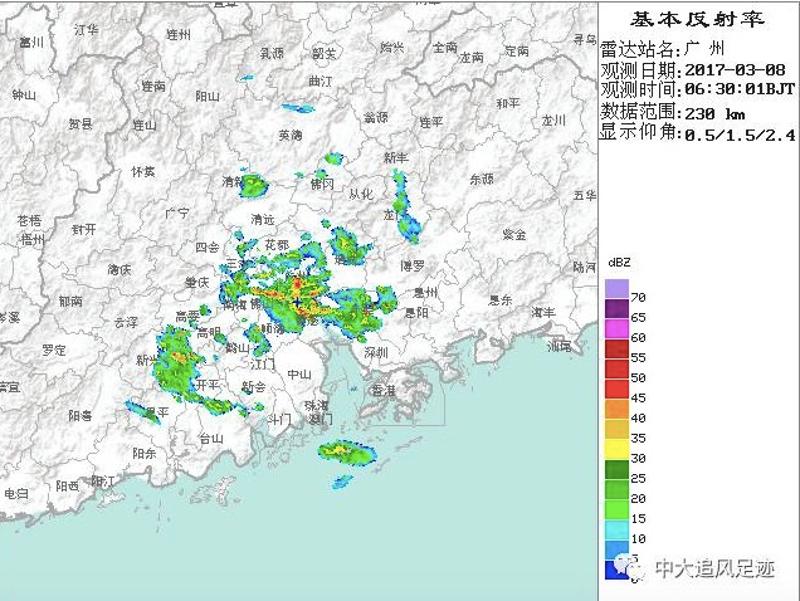 3月8日早6：30分广州单站雷达图，来自中国气象局气象探测中心