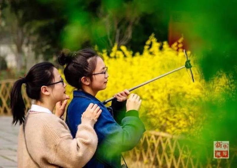 两位游客在济南五龙潭公园内游玩.