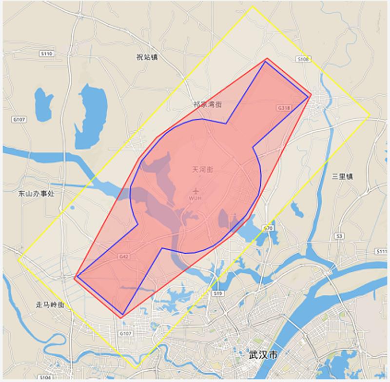 新版武汉天河机场禁飞区、限飞区范围。红色区域为禁飞区范围，黄色框线以内为120米限飞区范围，蓝色框线以内为民航局公布的民用机场障碍物限制面保护范围