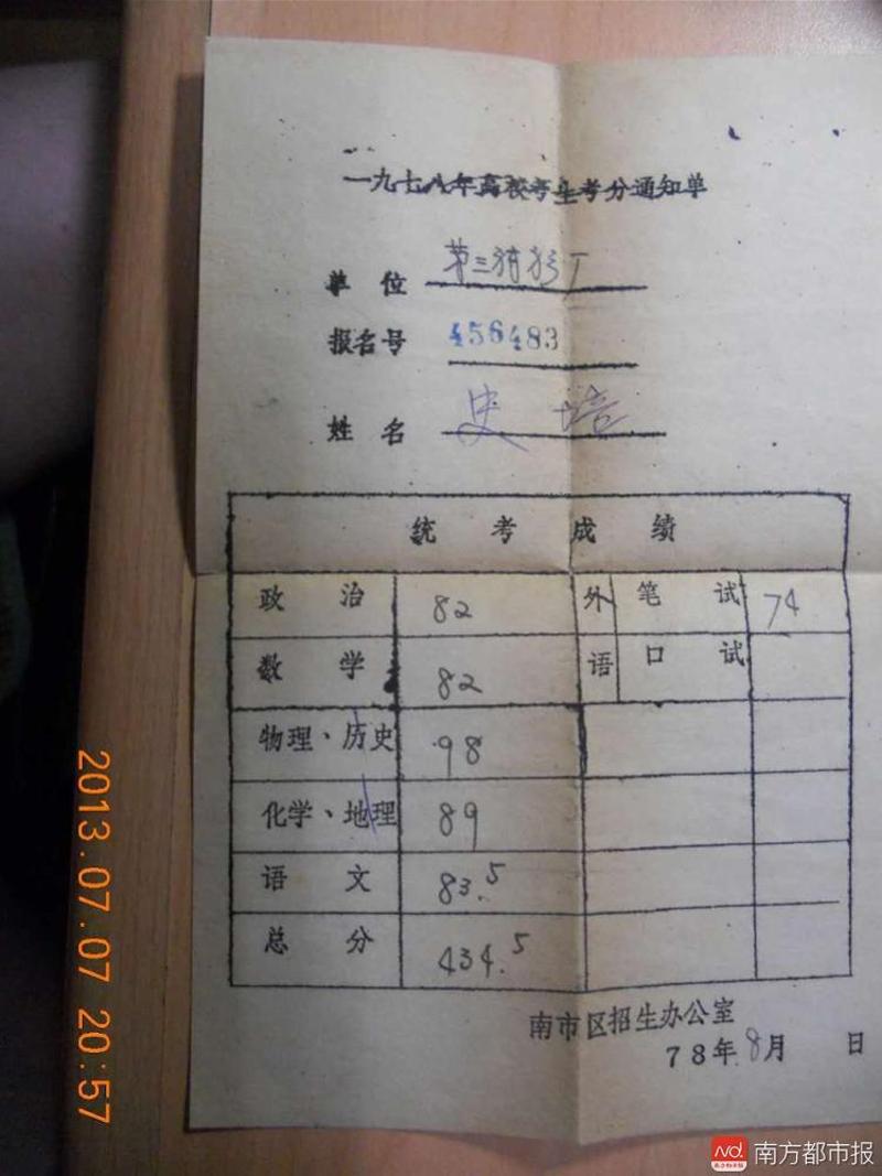 史培1978年高考的成绩单.图由本人提供