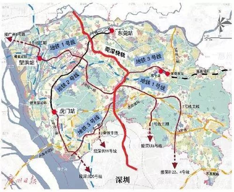 地铁1号线走向及站点示意图) 东莞地铁一号线途经洪梅,望牛墩,道滘