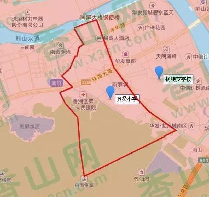 南屏中学对面排洪渠以东,南屏居委会所辖范围;珠海大道以南,南湾大道