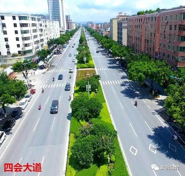 道路兩旁綠帶環繞,花團錦繡.